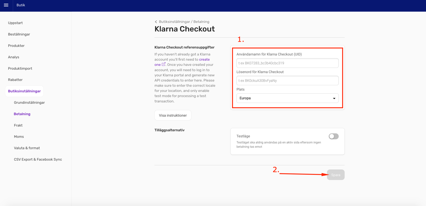 Bilden illustrerar sjunde steget i att aktivera Klarna Checkout i webbshop hos Hemsida24. På bilden förtydligas var man fyller i sina uppgifter för Klarna.